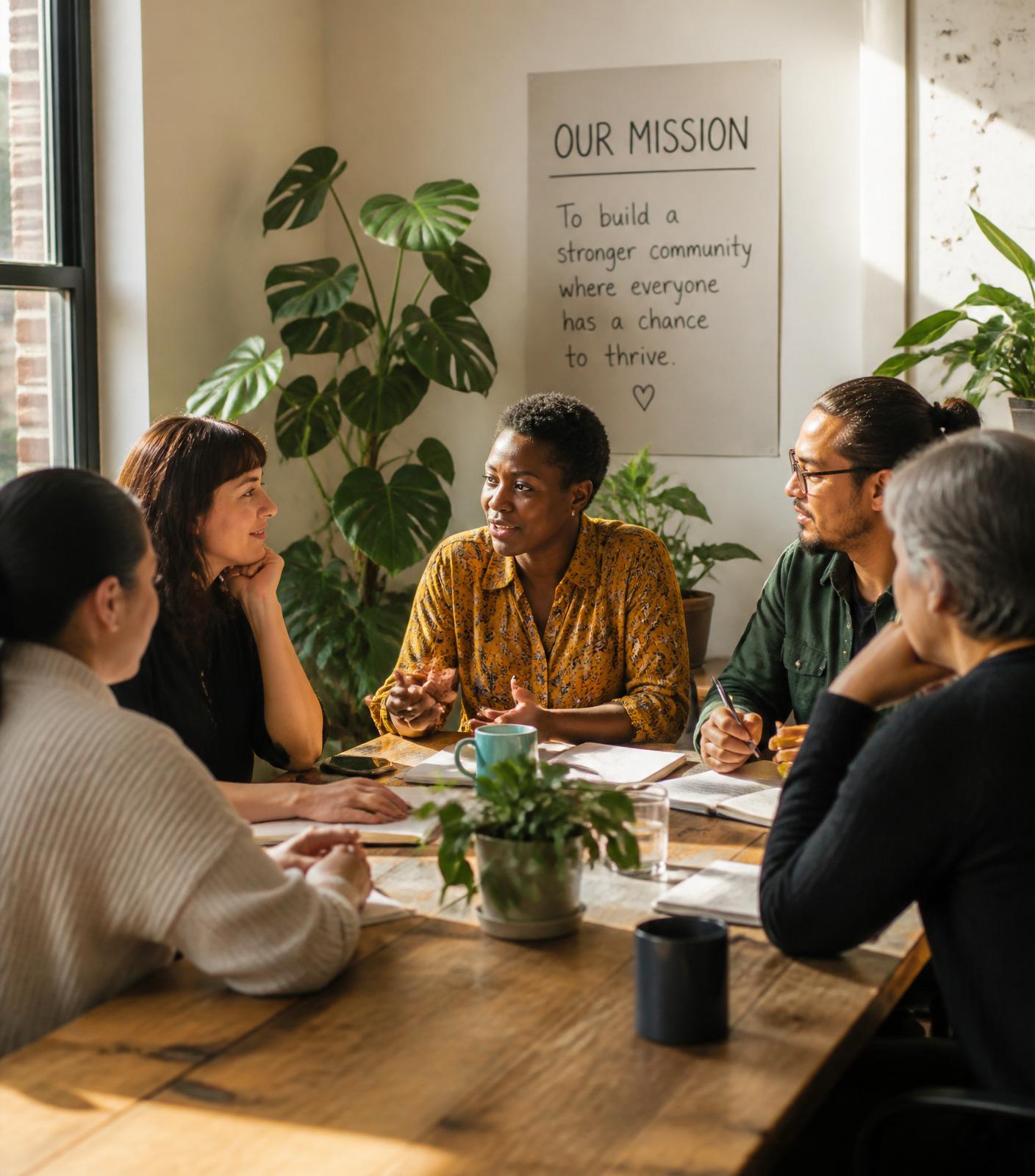 A nonprofit team gathered around a table in conversation